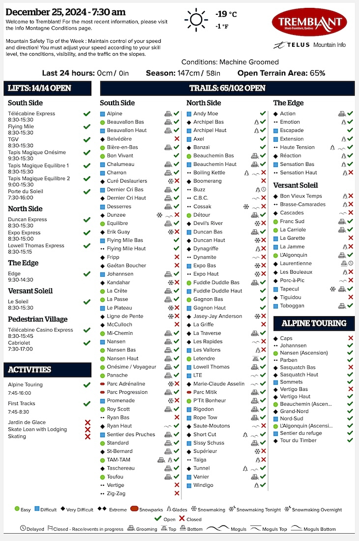 Archival Copy of Official Open<br />Trails, Grooming, Snowmaking, Lift Status and Mountain Conditions Courtesy of Tremblant.ca