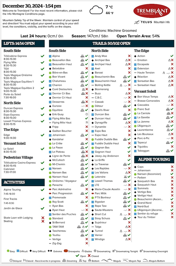 Archival Copy of Official Open<br />Trails, Grooming, Snowmaking, Lift Status and Mountain Conditions Courtesy of Tremblant.ca