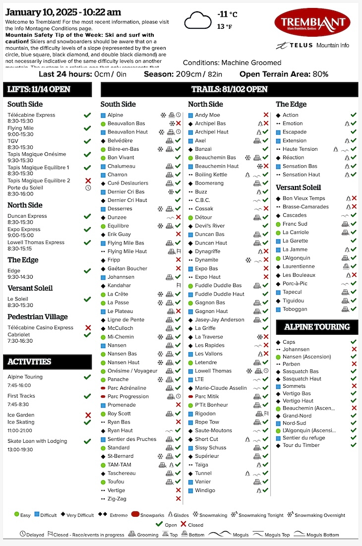 Archival Copy of Official Open<br />Trails, Grooming, Snowmaking, Lift Status and Mountain Conditions Courtesy of Tremblant.ca