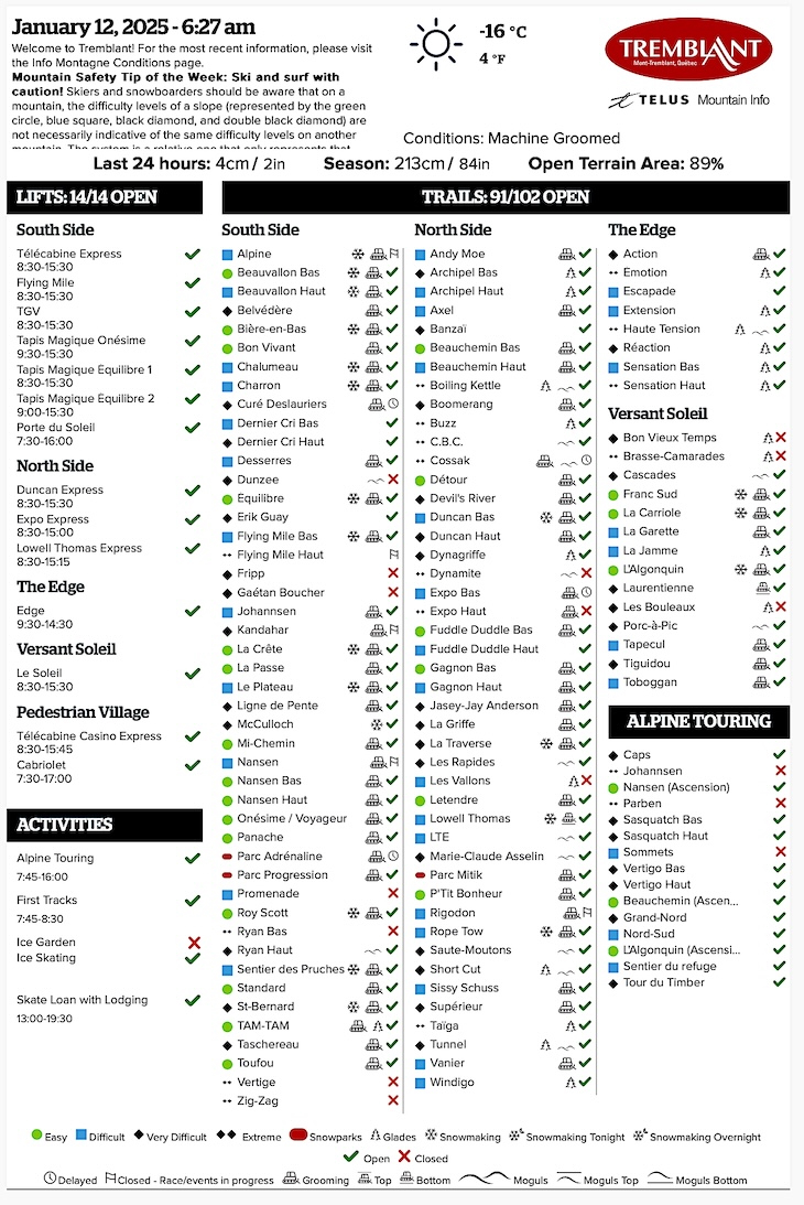 Archival Copy of Official Open<br />Trails, Grooming, Snowmaking, Lift Status and Mountain Conditions Courtesy of Tremblant.ca