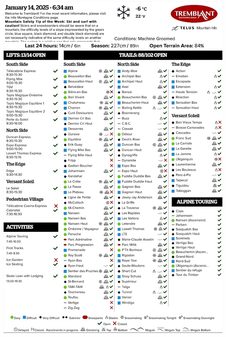 Archival Copy of Official Open<br />Trails, Grooming, Snowmaking, Lift Status and Mountain Conditions Courtesy of Tremblant.ca