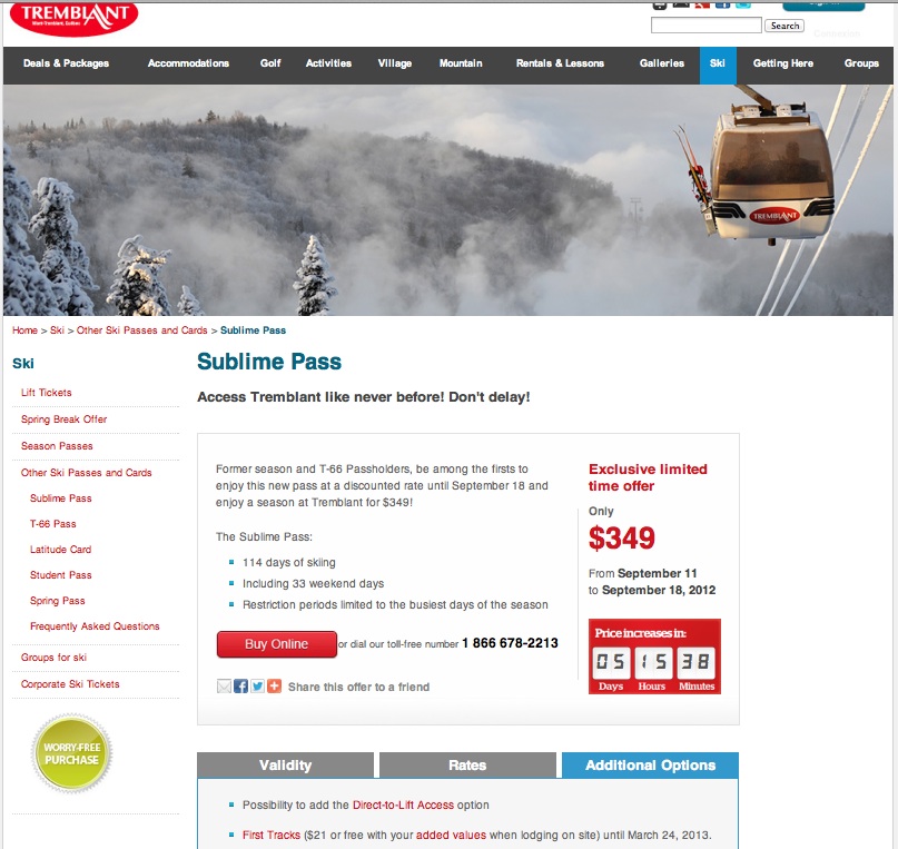 Screenshot of Sublime Pass Feature Page Courtesy of Tremblant.ca