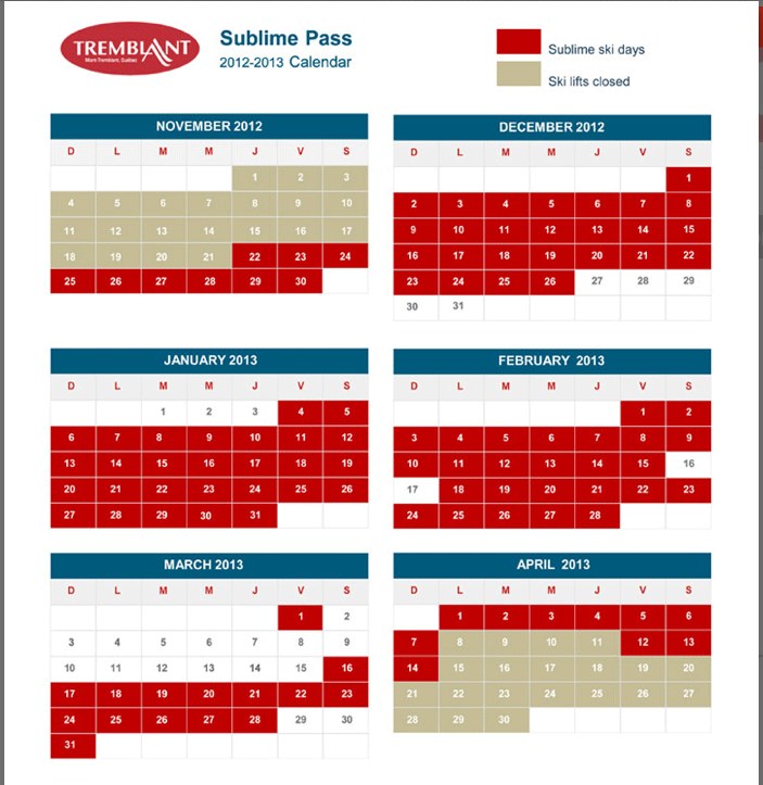Screenshot of Sublime Pass Calendar Page Courtesy of Tremblant.ca