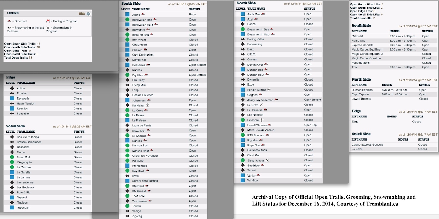 Archival Copy of Official Open Trails, Grooming, Snowmaking and Lift Status for December 16, 2014, Courtesy of Tremblant.ca
