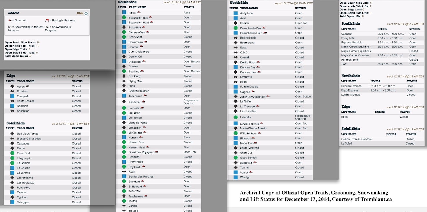 Archival Copy of Official Open Trails, Grooming, Snowmaking and Lift Status for December 17, 2014, Courtesy of Tremblant.ca