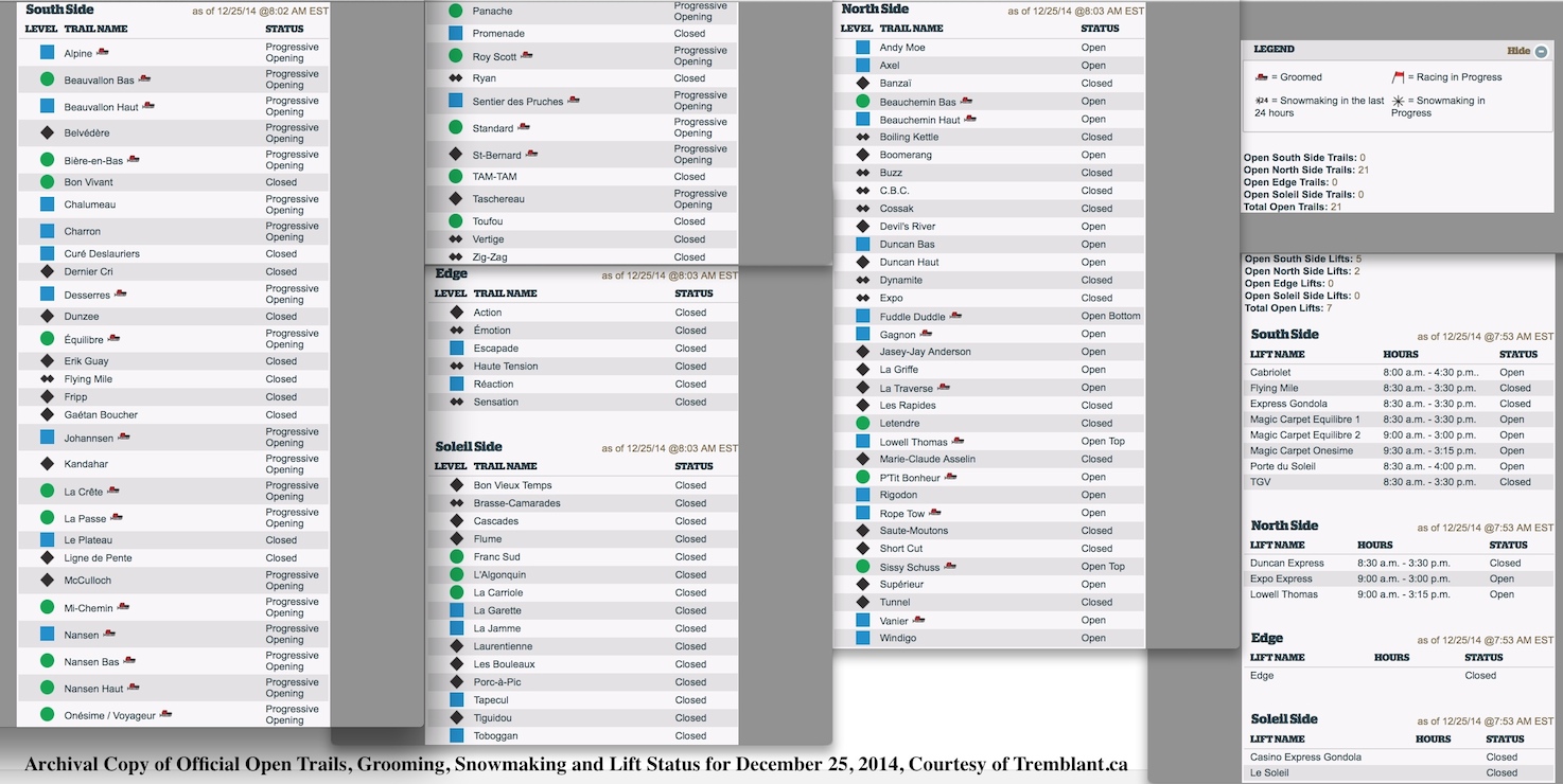 Archival Copy of Official Open Trails, Grooming, Snowmaking and Lift Status for December 25, 2014, Courtesy of Tremblant.ca