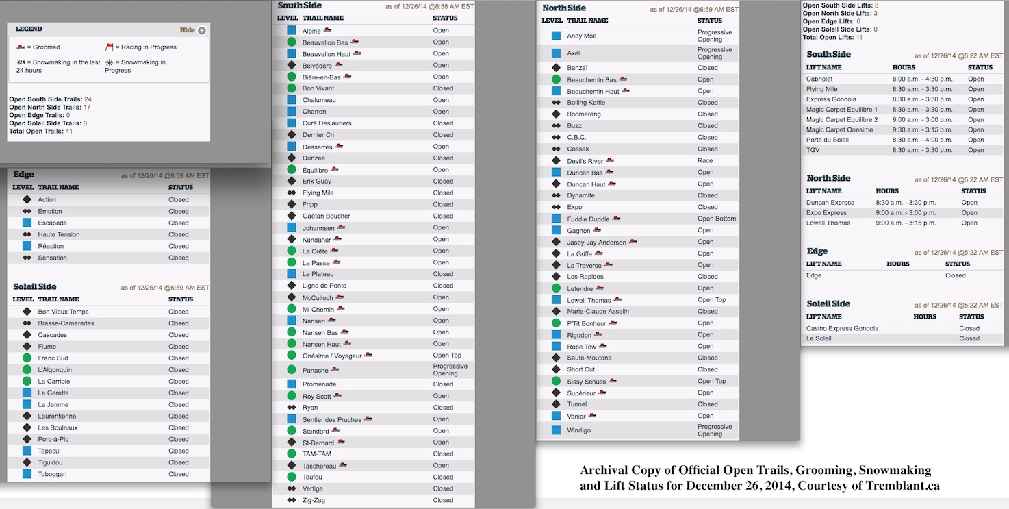 Archival Copy of Official Open Trails, Grooming, Snowmaking and Lift Status for December 26, 2014, Courtesy of Tremblant.ca