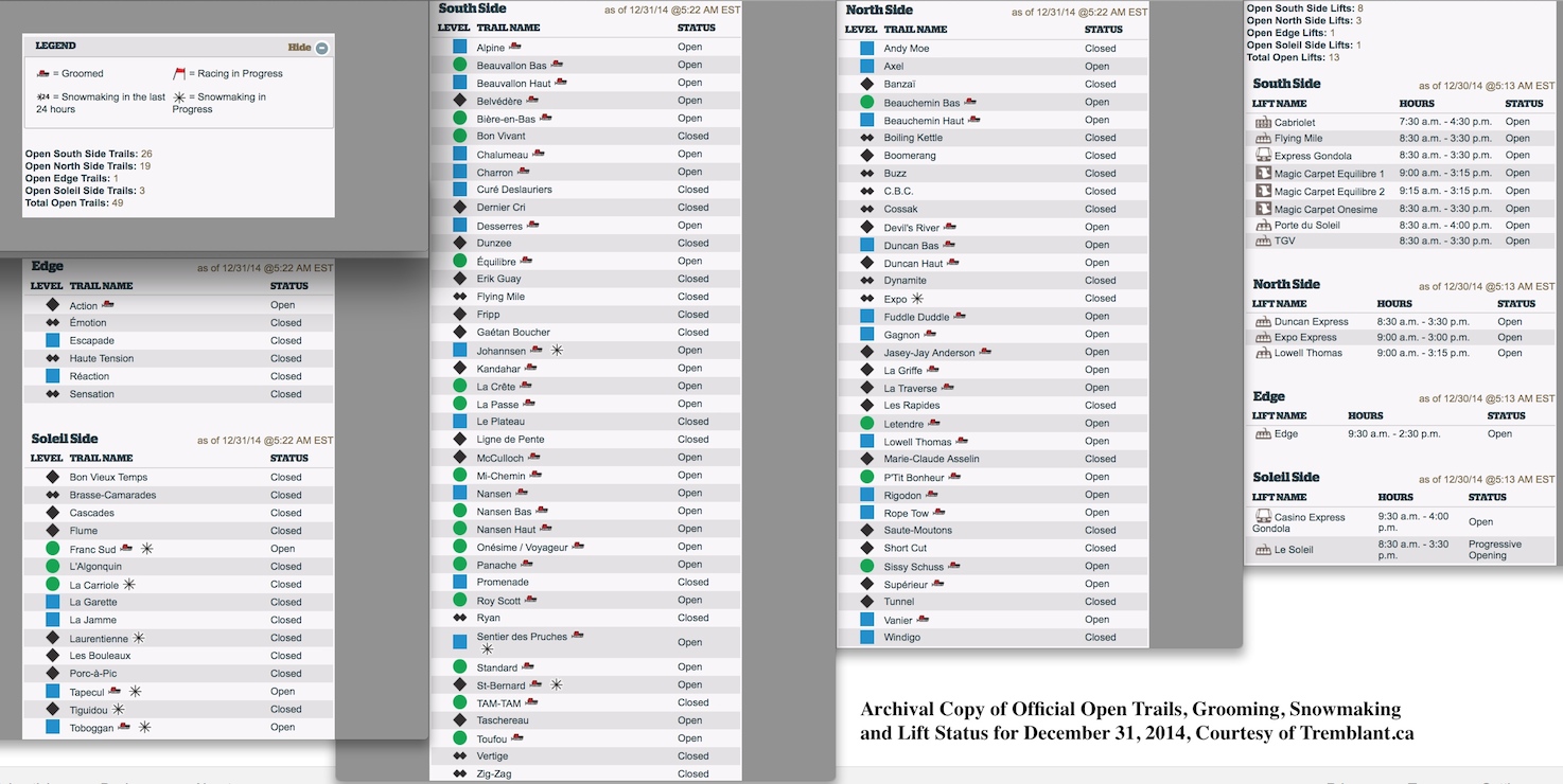 Archival Copy of Official Open Trails, Grooming, Snowmaking and Lift Status for December 31, 2014, Courtesy of Tremblant.ca