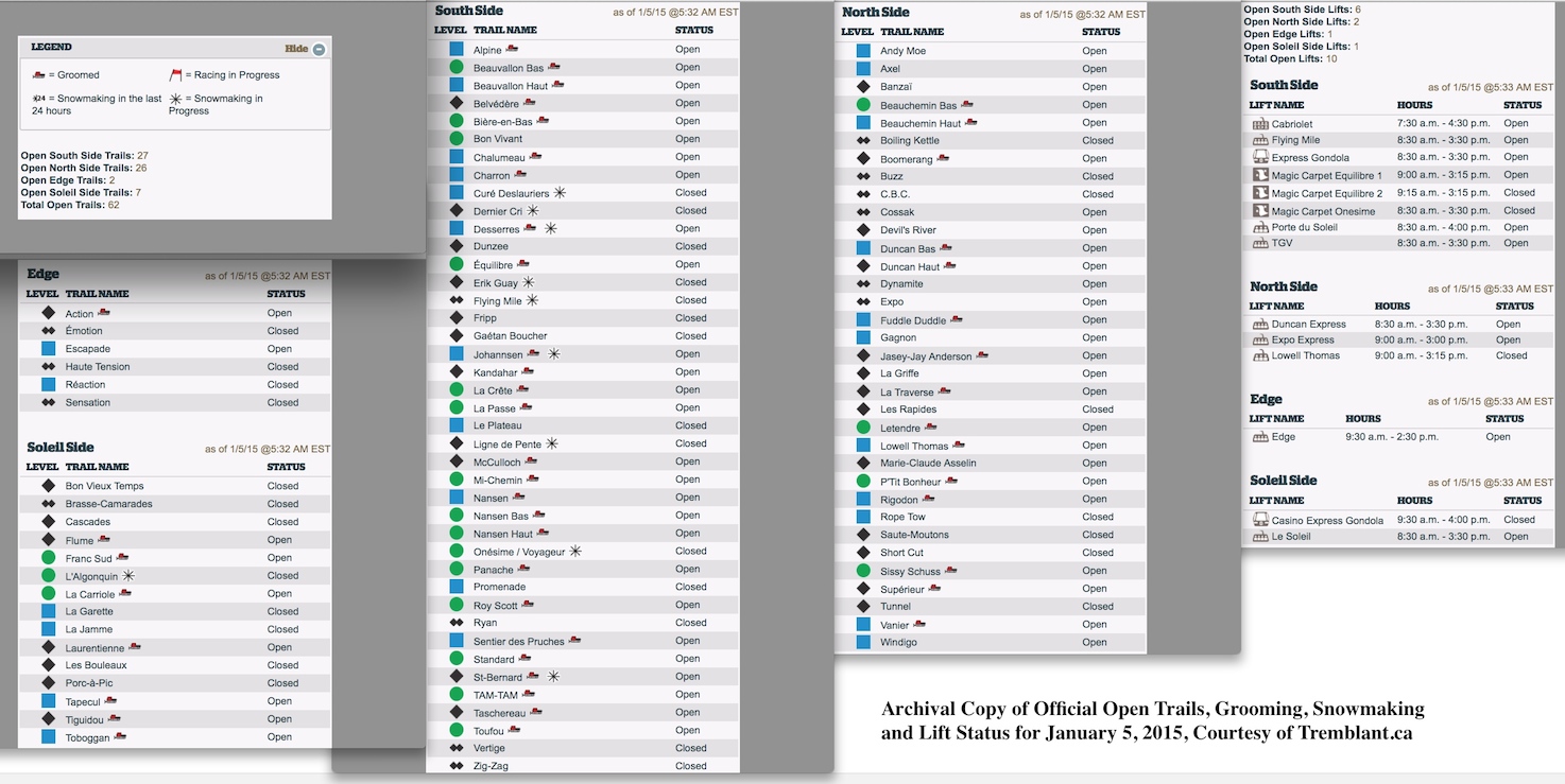 Archival Copy of Official Open Trails, Grooming, Snowmaking and Lift Status for January 5, 2015, Courtesy of Tremblant.ca