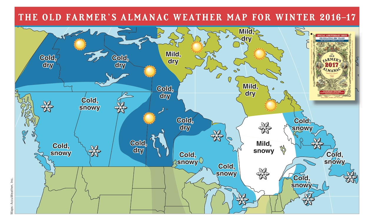 Downloadable Winter 2016-17 Weather Map PDF, Courtesy of Old Farmers Almanac, Janice Stillman Editor.
