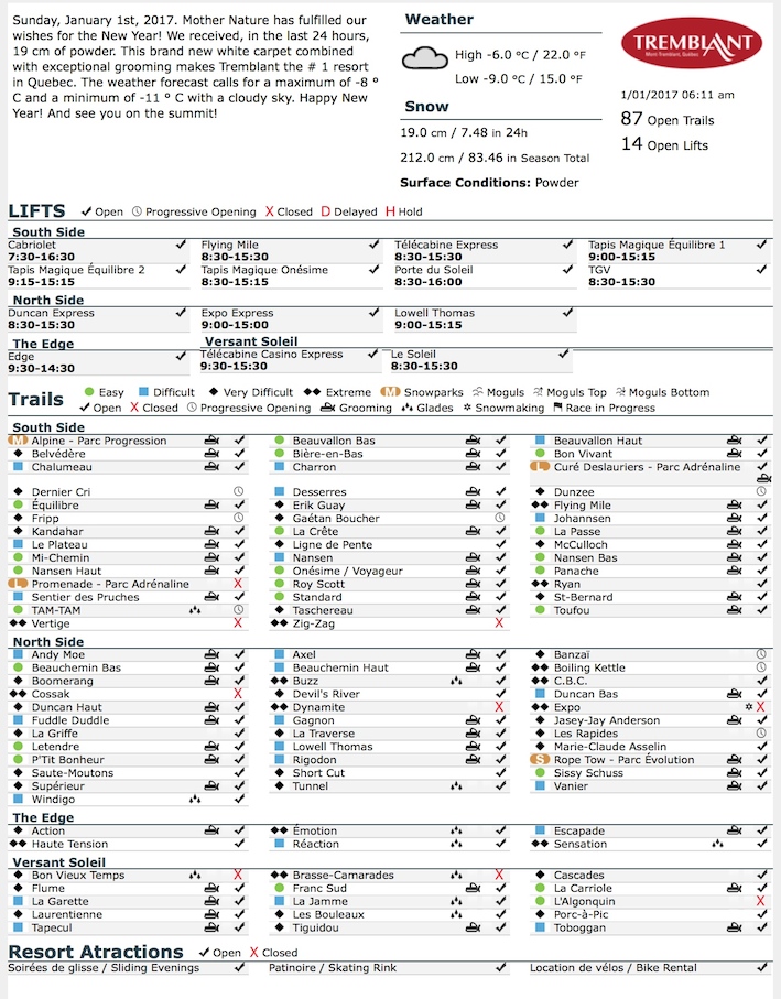 Archival Copy of Official Open Trails,<br />Grooming, Snowmaking, Lift Status and Mountain Conditions Courtesy of Tremblant.ca