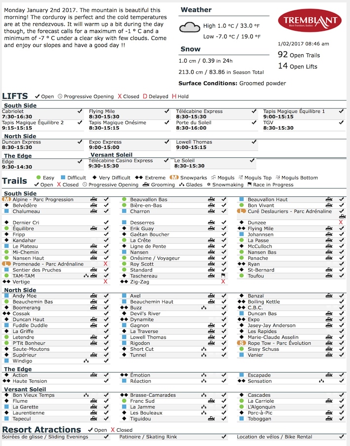 Archival Copy of Official Open Trails,<br />Grooming, Snowmaking, Lift Status and Mountain Conditions Courtesy of Tremblant.ca