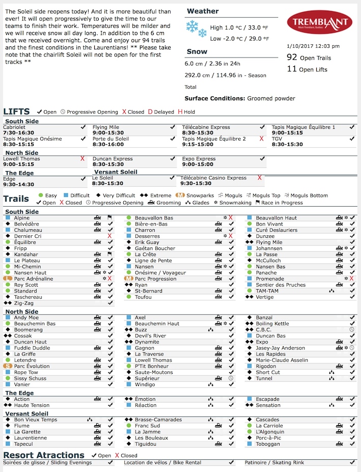 Archival Copy of Official Open Trails,<br />Grooming, Snowmaking, Lift Status and Mountain Conditions<br />Courtesy of Tremblant.ca