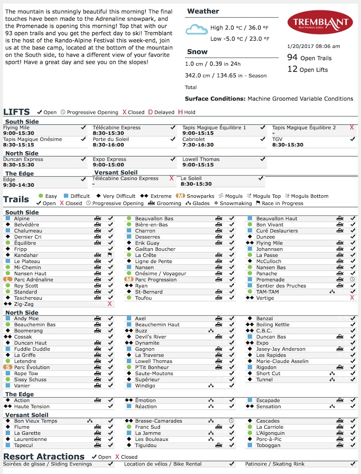 Archival Copy of Official Open Trails,<br />Grooming, Snowmaking, Lift Status and Mountain Conditions Courtesy of Tremblant.ca