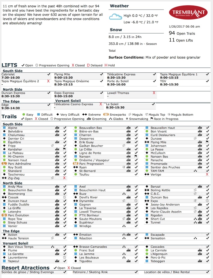 Archival Copy of Official Open Trails,<br />Grooming, Snowmaking, Lift Status and Mountain Conditions Courtesy of Tremblant.ca