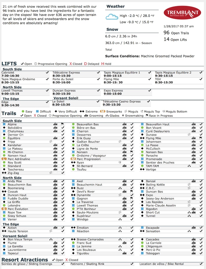 Archival Copy of Official Open Trails,<br />Grooming, Snowmaking, Lift Status and Mountain Conditions Courtesy of Tremblant.ca