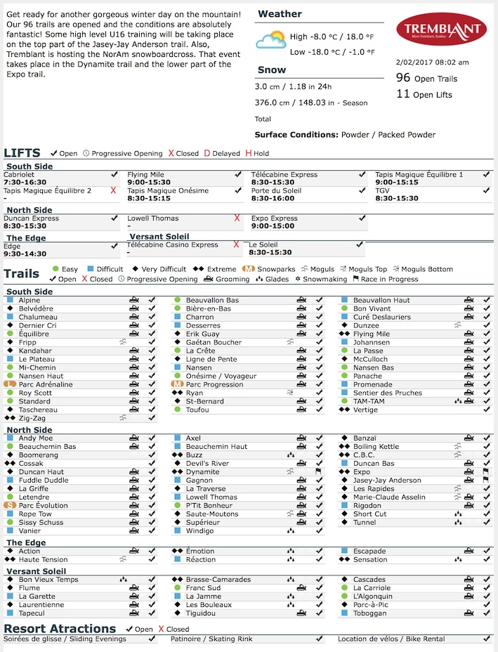 Archival Copy of Official Open Trails,<br />Grooming, Snowmaking, Lift Status and Mountain Conditions Courtesy of Tremblant.ca