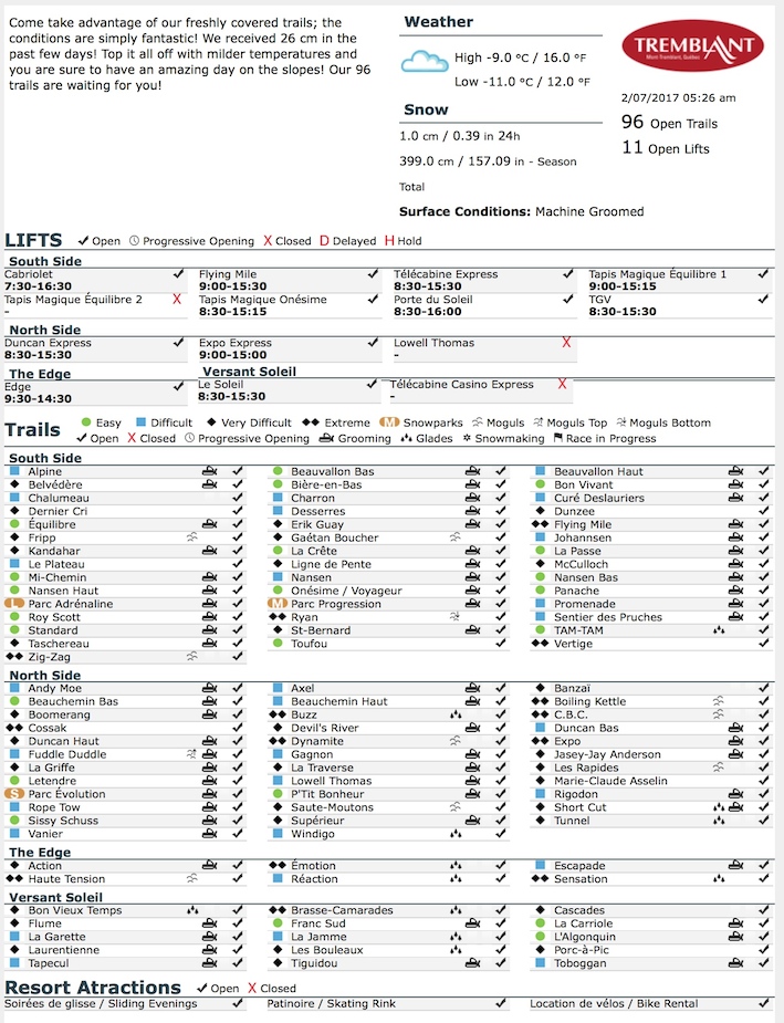 Archival Copy of Official Open Trails,<br />Grooming, Snowmaking, Lift Status and Mountain Conditions Courtesy of Tremblant.ca