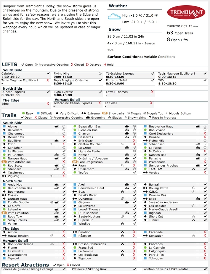 Archival Copy of Official Open Trails,<br />Grooming, Snowmaking, Lift Status and Mountain Conditions Courtesy of Tremblant.ca