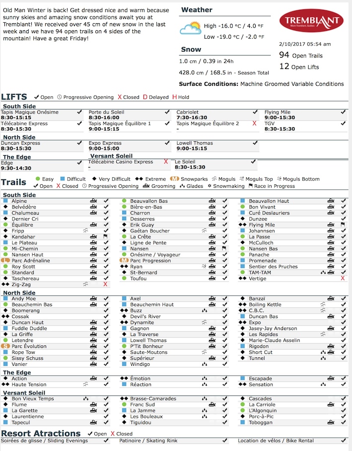 Archival Copy of Official Open Trails,<br />Grooming, Snowmaking, Lift Status and Mountain Conditions Courtesy of Tremblant.ca