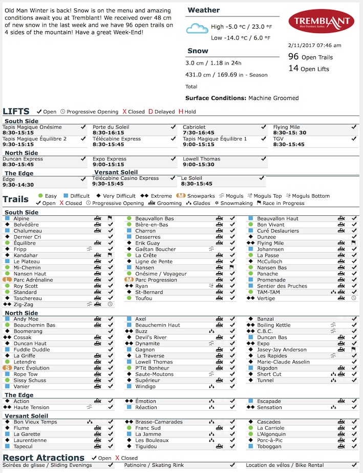 Archival Copy of Official Open Trails,<br />Grooming, Snowmaking, Lift Status and Mountain Conditions Courtesy of Tremblant.ca