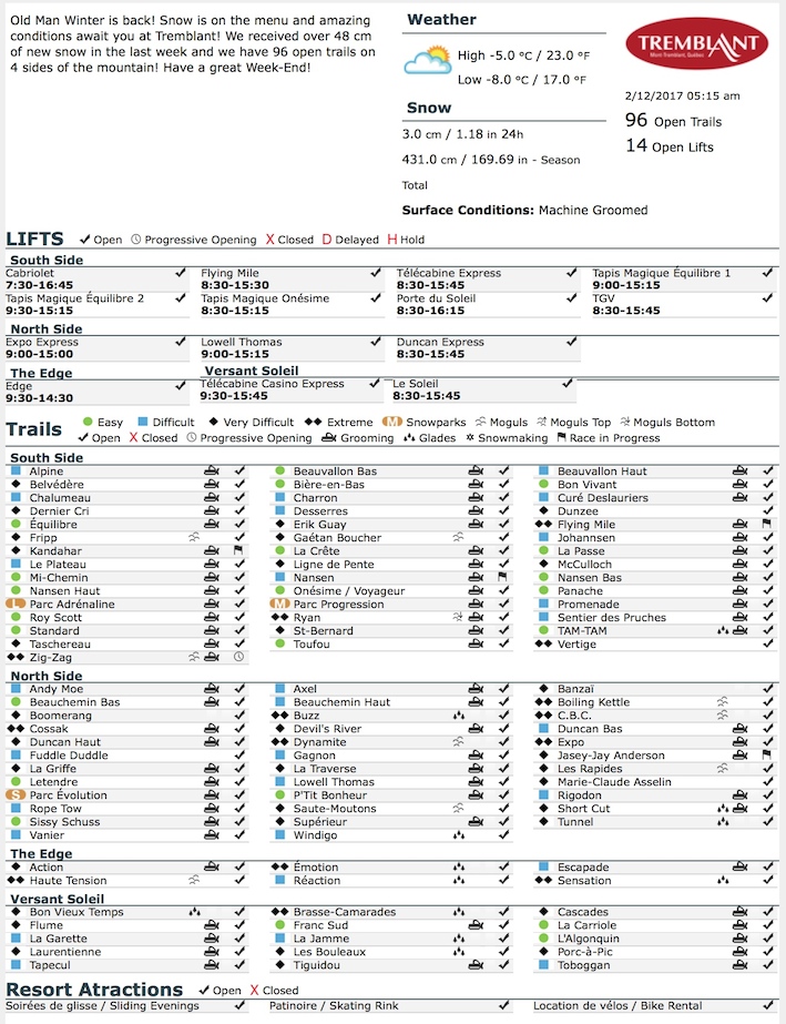 Archival Copy of Official Open Trails,<br />Grooming, Snowmaking, Lift Status and Mountain Conditions Courtesy of Tremblant.ca