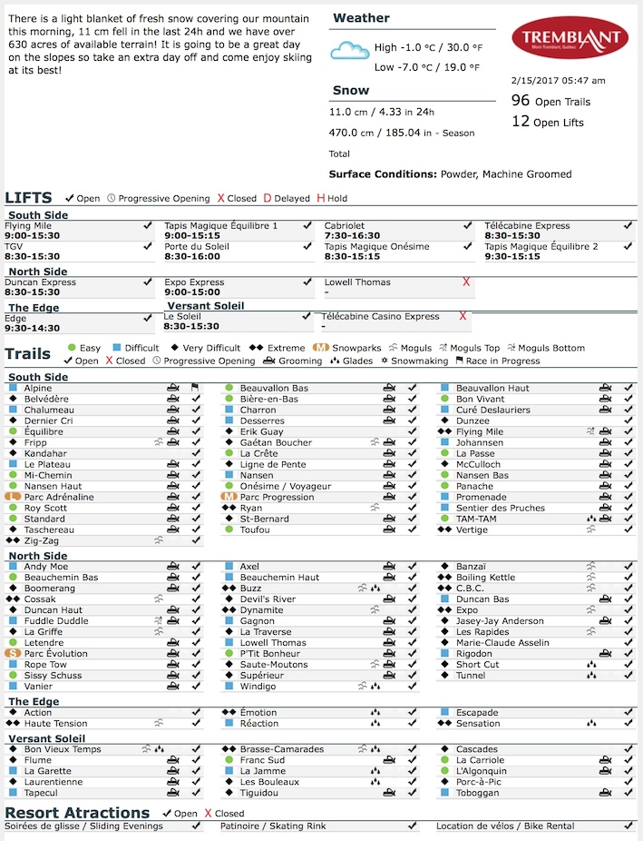 Archival Copy of Official Open Trails,<br />Grooming, Snowmaking, Lift Status and Mountain Conditions Courtesy of Tremblant.ca