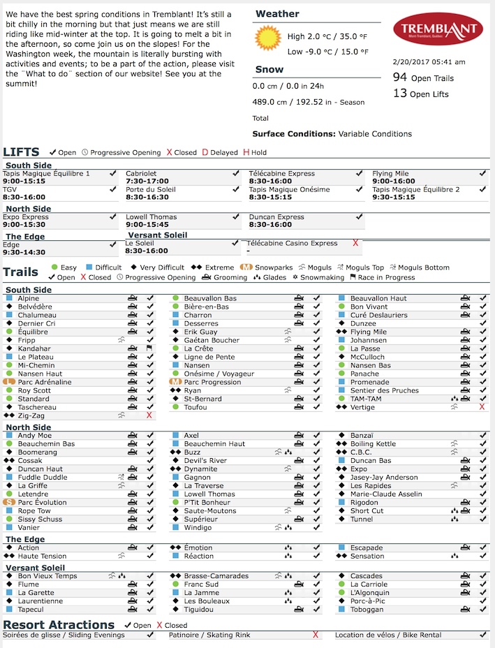 Archival Copy of Official Open Trails,<br />Grooming, Snowmaking, Lift Status and Mountain Conditions Courtesy of Tremblant.ca