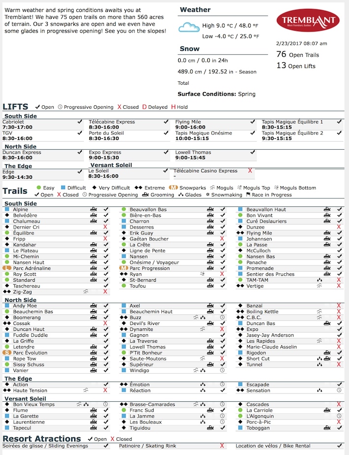 Archival Copy of Official Open Trails,<br />Grooming, Snowmaking, Lift Status and Mountain Conditions Courtesy of Tremblant.ca