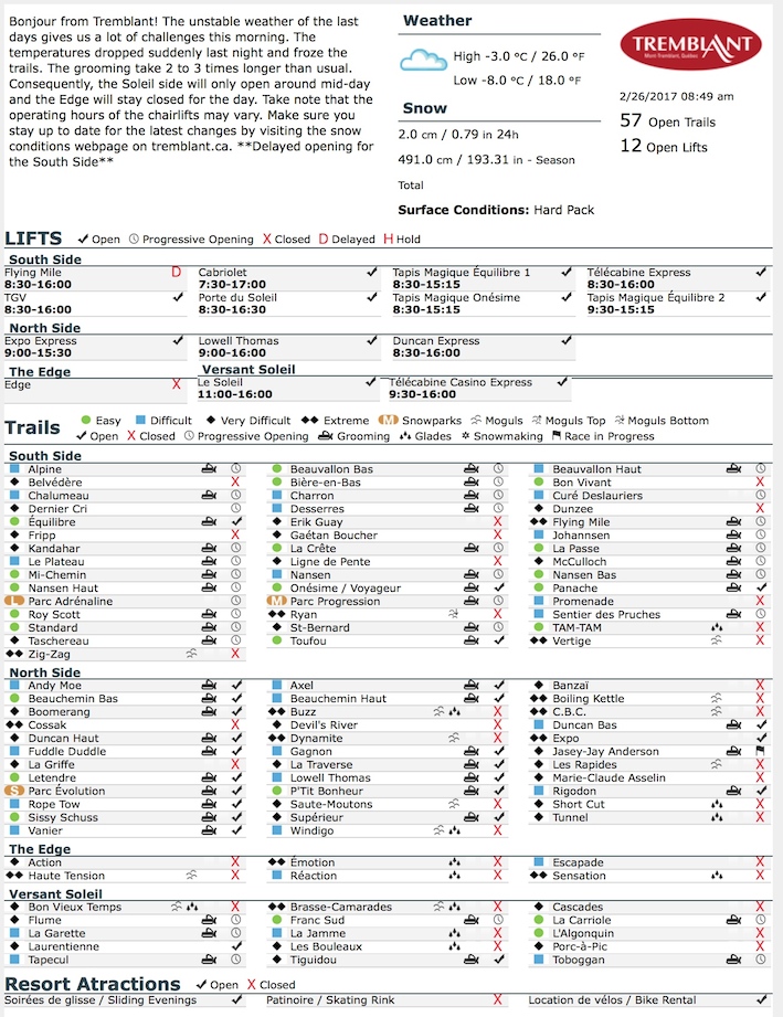 Archival Copy of Official Open Trails,<br />Grooming, Snowmaking, Lift Status and Mountain Conditions Courtesy of Tremblant.ca