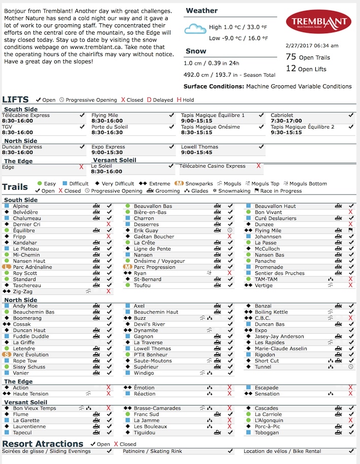 Archival Copy of Official Open Trails,<br />Grooming, Snowmaking, Lift Status and Mountain Conditions Courtesy of Tremblant.ca