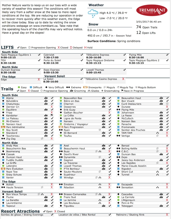 Archival Copy of Official Open Trails,<br />Grooming, Snowmaking, Lift Status and Mountain Conditions Courtesy of Tremblant.ca