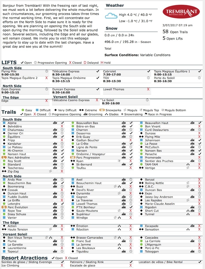 Archival Copy of Official Open Trails,<br />Grooming, Snowmaking, Lift Status and Mountain Conditions Courtesy of Tremblant.ca