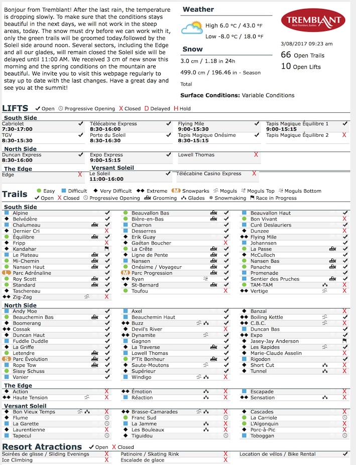 Archival Copy of Official Open Trails,<br />Grooming, Snowmaking, Lift Status and Mountain Conditions Courtesy of Tremblant.ca