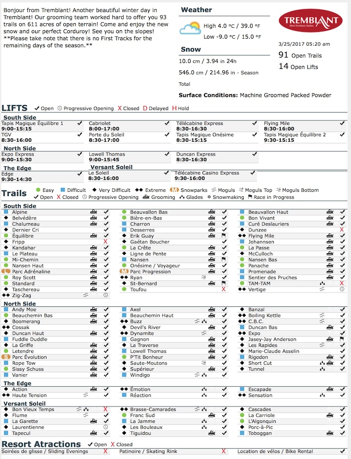 Archival Copy of Official Open Trails,<br />Grooming, Snowmaking, Lift Status and Mountain Conditions Courtesy of Tremblant.ca