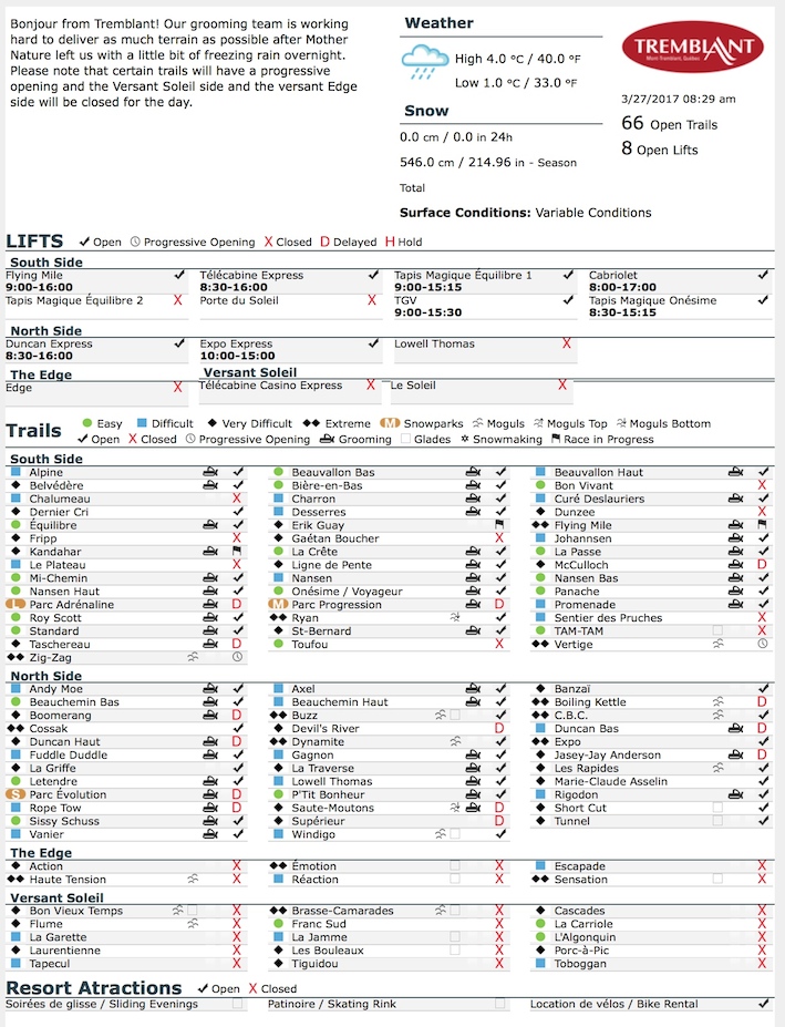 Archival Copy of Official Open Trails,<br />Grooming, Snowmaking, Lift Status and Mountain Conditions Courtesy of Tremblant.ca