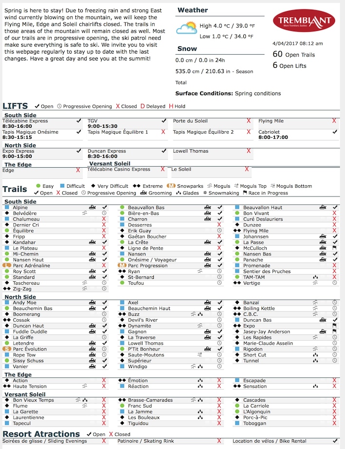 Archival Copy of Official Open Trails,<br />Grooming, Snowmaking, Lift Status and Mountain Conditions Courtesy of Tremblant.ca