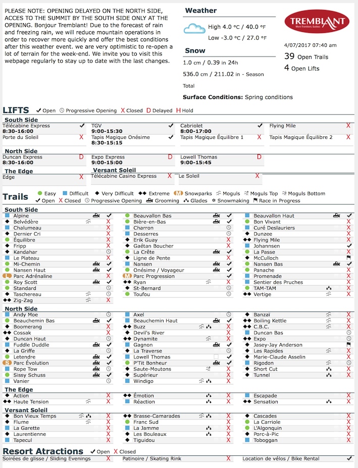 Archival Copy of Official Open Trails,<br />Grooming, Snowmaking, Lift Status and Mountain Conditions Courtesy of Tremblant.ca
