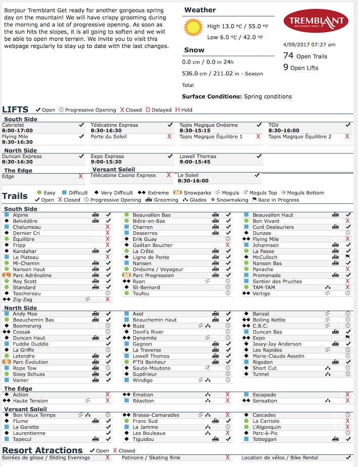 Archival Copy of Official Open Trails,<br />Grooming, Snowmaking, Lift Status and Mountain Conditions Courtesy of Tremblant.ca