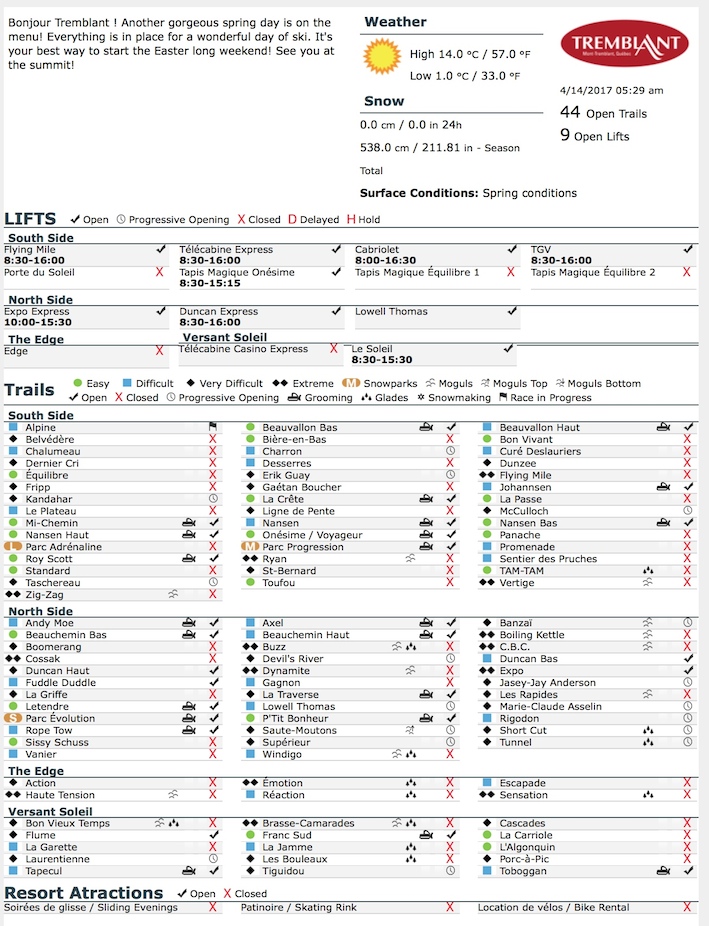 Archival Copy of Official Open Trails,<br />Grooming, Snowmaking, Lift Status and Mountain Conditions Courtesy of Tremblant.ca