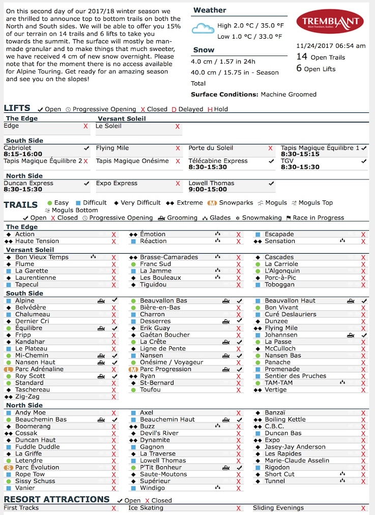 Archival Copy of Official Open Trails,<br />Grooming, Snowmaking, Lift Status and Mountain Conditions Courtesy of Tremblant.ca
