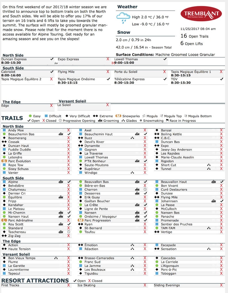 Archival Copy of Official Open Trails,<br />Grooming, Snowmaking, Lift Status and Mountain Conditions Courtesy of Tremblant.ca