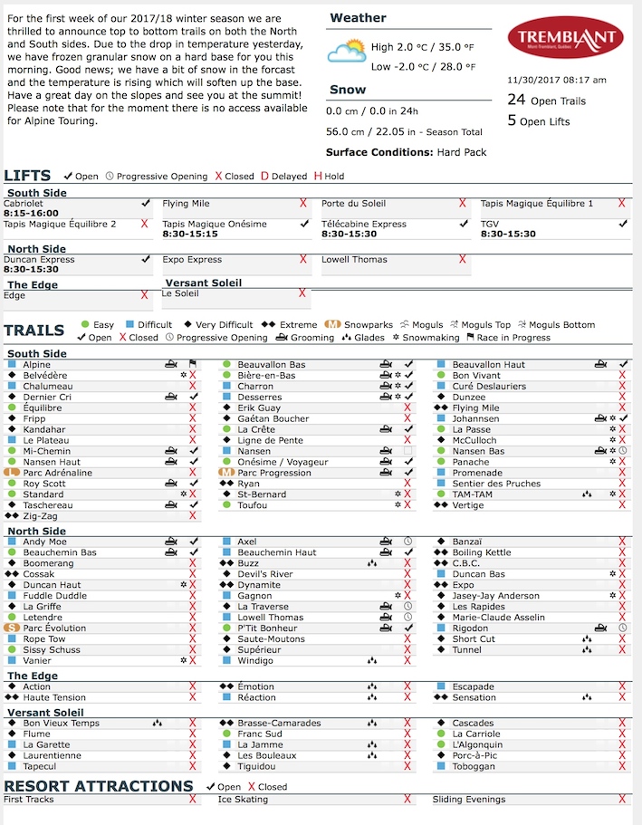 Archival Copy of Official Open Trails,<br />Grooming, Snowmaking, Lift Status and Mountain Conditions Courtesy of Tremblant.ca