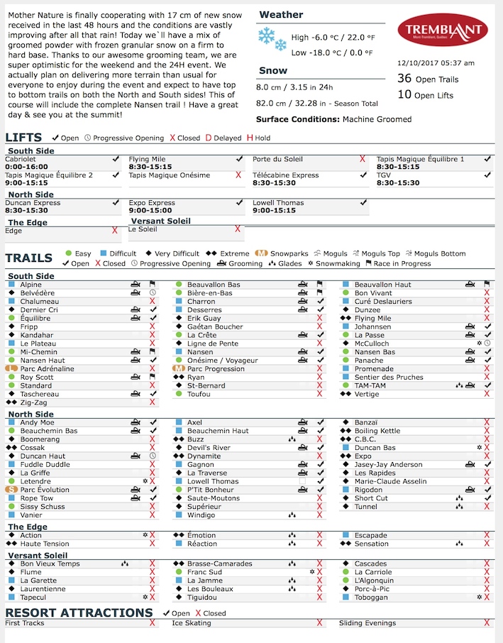 Archival Copy of Official Open Trails,<br />Grooming, Snowmaking, Lift Status and Mountain Conditions Courtesy of Tremblant.ca
