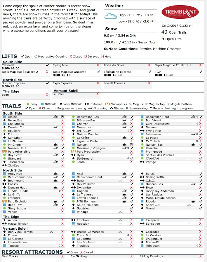 Archival Copy of Official Open Trails,<br />Grooming, Snowmaking, Lift Status and Mountain Conditions Courtesy of Tremblant.ca