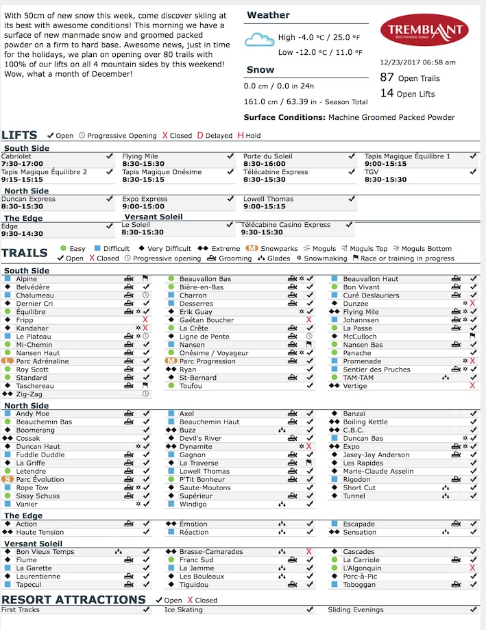 rchival Copy of Official Open Trails,<br />Grooming, Snowmaking, Lift Status and Mountain Conditions Courtesy of Tremblant.ca