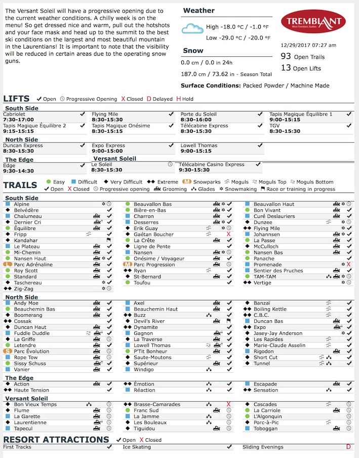 Archival Copy of Official Open Trails,<br />Grooming, Snowmaking, Lift Status and Mountain Conditions Courtesy of Tremblant.ca