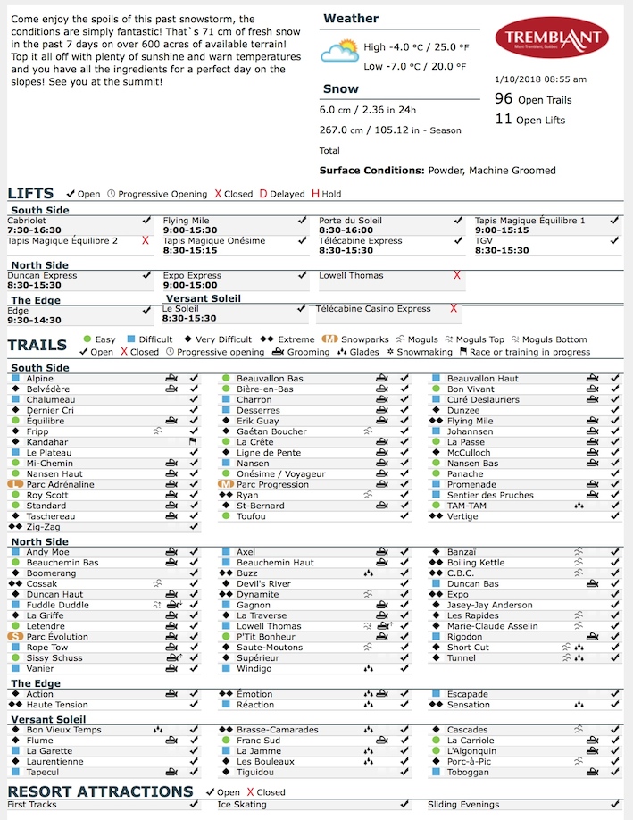 Archival Copy of Official Open Trails,<br />Grooming, Snowmaking, Lift Status and Mountain Conditions Courtesy of Tremblant.ca