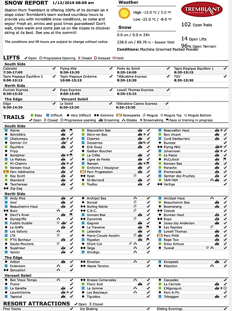 Archival Copy of Official Open Trails,<br />Grooming, Snowmaking, Lift Status and Mountain Conditions Courtesy of Tremblant.ca