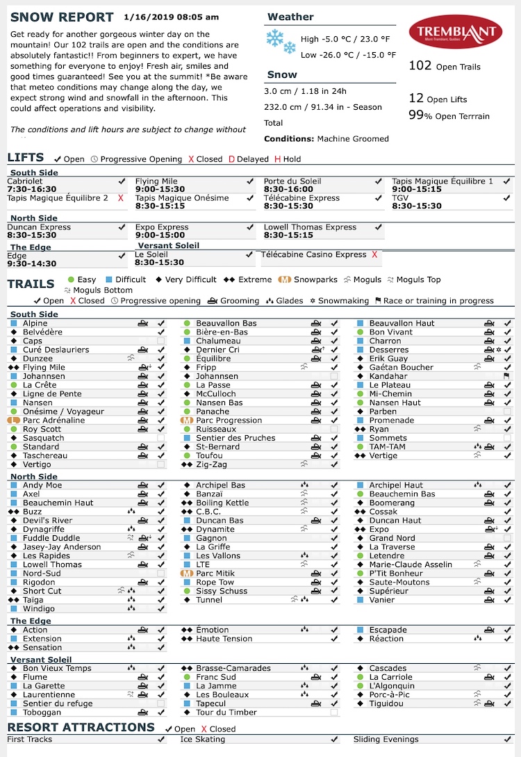Archival Copy of Official Open Trails,<br />Grooming, Snowmaking, Lift Status and Mountain Conditions Courtesy of Tremblant.ca